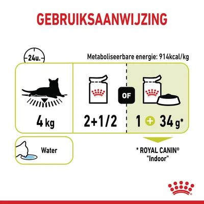 Gebruiksaanwijzing: kat 4 kg, dagelijks 2,5 porties natvoer of 1 portie natvoer plus 34 g droogvoer. Metaboliseerbare energie: 914 kcal/kg. Water altijd beschikbaar. Royal Canin Indoor.