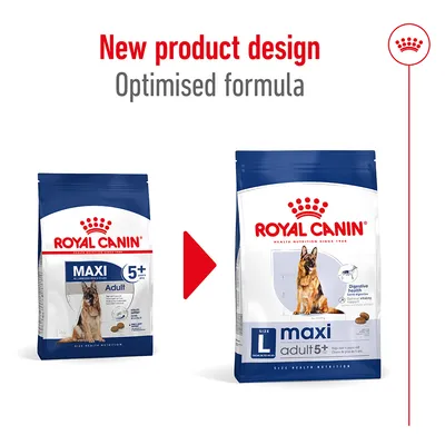 Σύγκριση παλιάς και νέας συσκευασίας Royal Canin maxi adult 5+ για σκύλους, με κείμενο: New product design, Optimised formula. Ορατή εικόνα σκύλου και κροκέτες στη νέα συσκευασία.