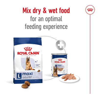 ROYAL CANIN maxi adult 5+ ξηρά τροφή και ROYAL CANIN maxi ageing υγρή τροφή για σκύλους. Κείμενο στα αγγλικά: Mix dry & wet food for an optimal feeding experience.