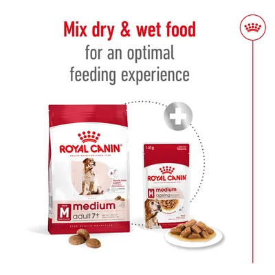 Instructional image showing dry and wet food with text: Mix dry & wet food for an optimal feeding experience. Includes two Royal Canin medium adult and ageing products.