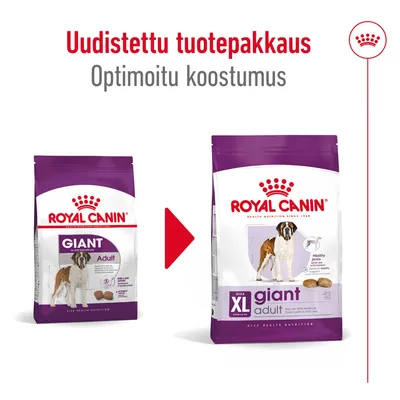 Royal Canin -koiranruoan pakkausuudistus: vanha GIANT Adult ja uusi SIZE XL giant adult. Teksti: Uudistettu tuotepakkaus, Optimoitu koostumus.