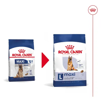 Mudança de embalagem: ração Royal Canin Maxi Adult 5+ para cães, nova embalagem com texto 'size L maxi adult 5+' e imagem de cão pastor alemão visível em ambas.