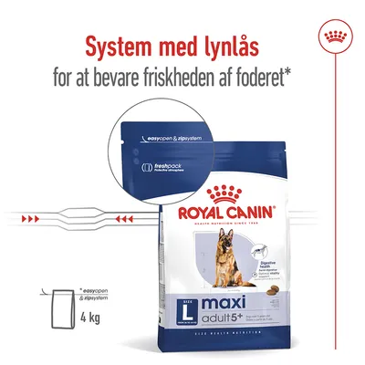 Royal Canin maxi adult 5+ hundefoder, 4 kg pose med easyopen & zipsystem og freshpack. System med lynlås for at bevare friskheden af foderet.