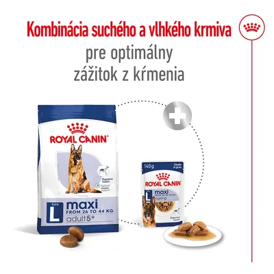 Kombinácia suchého a vlhkého krmiva Royal Canin maxi adult 5+ pre psy 26–44 kg. Text: pre optimálny zážitok z kŕmenia. Zobrazené balenie granúl, kapsička 140 g a miska s krmivom.