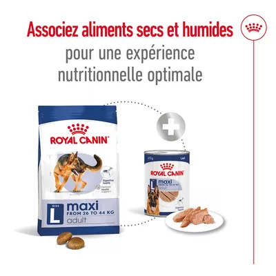 Associez aliments secs et humides pour une expérience nutritionnelle optimale. Sacs et boîtes Royal Canin maxi adult 26 to 44 kg visibles, croquettes et pâtée montrées.