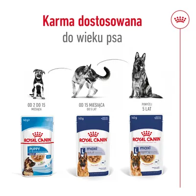 Royal Canin Puppy 2–15 miesięcy, Maxi Adult 15 miesięcy–5 lat, Maxi Ageing powyżej 5 lat; karma dostosowana do wieku psa. Widoczne opakowania i ilustracje psów.