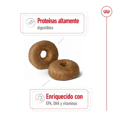 Dos croquetas con texto: 'Proteínas altamente digestibles' y 'Enriquecido con EPA, DHA y vitaminas'. Información sobre ingredientes clave del producto.