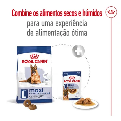 Royal Canin maxi ageing 8+ seco e húmido para cães de 26 a 44 kg. Texto: Combine os alimentos secos e húmidos para uma experiência de alimentação ótima.