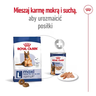 Royal Canin maxi ageing 8+ karma sucha i mokra dla psów 26–44 kg. Mieszaj karmę mokrą i suchą, aby urozmaicić posiłki. Widoczne opakowania i porcja karmy na talerzu. Royal Canin maxi ageing 8+ karma sucha i mokra dla psów 26–44 kg. Mieszaj karmę mokrą i suchą, aby urozmaicić posiłki. Widoczne opakowania i porcja karmy na talerzu.