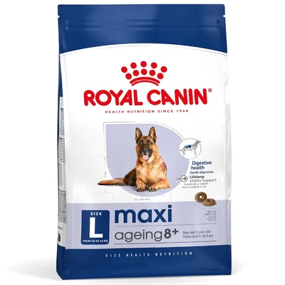 Balení krmiva Royal Canin maxi ageing 8+ s obrázkem psa, texty: SIZE L, FROM 26 TO 44 KG, Digestive health, Lifelong vitality support, Dogs over 8 years old, Adapted kibble size.