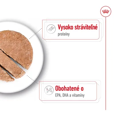 Plátok krmiva na tanieri, text: Vysoko stráviteľné proteíny, Obohatené o EPA, DHA a vitamíny.