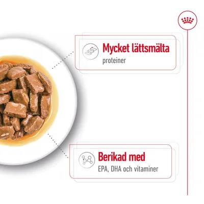 Skål med våtfoder. Text: Mycket lättsmälta proteiner. Berikad med EPA, DHA och vitaminer.
