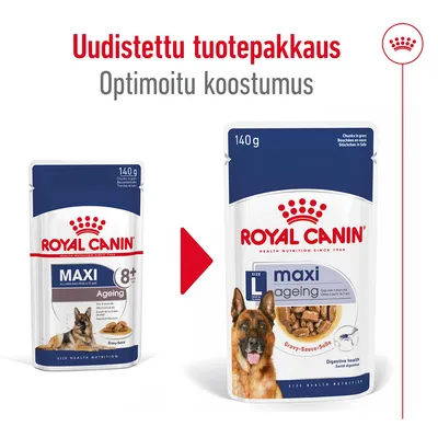 Royal Canin MAXI Ageing 8+ koiran märkäruoan uudistettu pakkaus, optimoitu koostumus. Vasemmalla vanha ja oikealla uusi 140 g pakkaus, molemmissa saksanpaimenkoiran kuva.
