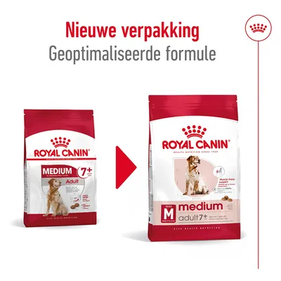 Royal Canin Medium Adult 7+ hondenvoer, oude en nieuwe verpakking naast elkaar. Tekst: Nieuwe verpakking, Geoptimaliseerde formule.