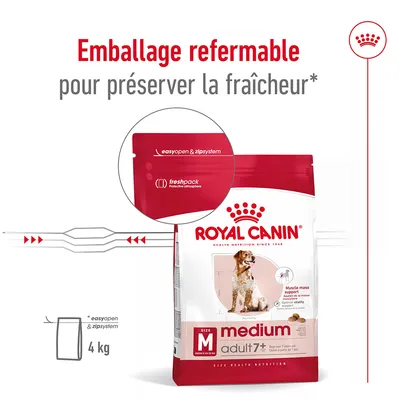 Royal Canin medium adult 7+ 4 kg, emballage refermable easyopen & zipsystem, freshpack protective atmosphere, pour préserver la fraîcheur. Chien illustré sur le paquet.