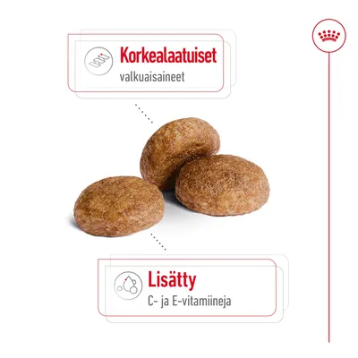 Kolme ruskeaa nappulaa, tekstit: Korkealaatuiset valkuaisaineet, Lisätty C- ja E-vitamiineja