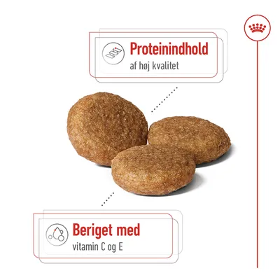 Tre foderpiller. Tekst: Proteinindhold af høj kvalitet. Beriget med vitamin C og E.
