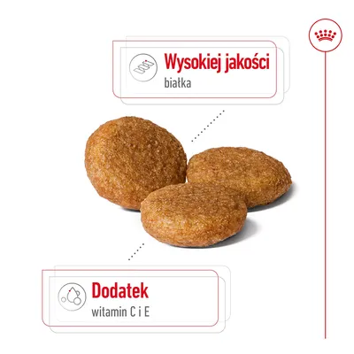 Trzy kawałki karmy; widoczne napisy: Wysokiej jakości białka, Dodatek witamin C i E.