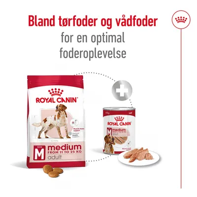 Royal Canin medium adult tørfoder fra 11 til 25 kg og vådfoder, tekst: Bland tørfoder og vådfoder for en optimal foderoplevelse