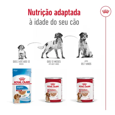 Nutrição adaptada à idade do cão: Royal Canin Puppy dos 2 até aos 12 meses, Medium Adult dos 12 meses até aos 7 anos, Medium Ageing após os 7 anos. Imagens das embalagens visíveis.