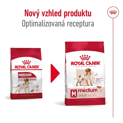 Porovnání starého a nového balení krmiva Royal Canin Medium Adult, text: Nový vzhled produktu, Optimalizovaná receptura. Na obou obalech vyobrazen pes.