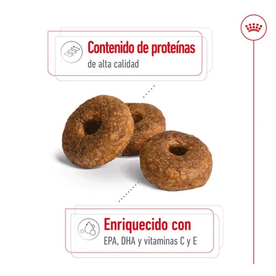 Croquetas con texto: Contenido de proteínas de alta calidad. Enriquecido con EPA, DHA y vitaminas C y E.
