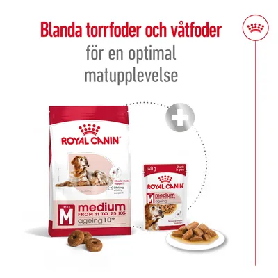 Blanda torrfoder och våtfoder för en optimal matupplevelse. Royal Canin medium ageing 10+ torrfoderpåse och våtfoderpåse, båda med bild på hund.