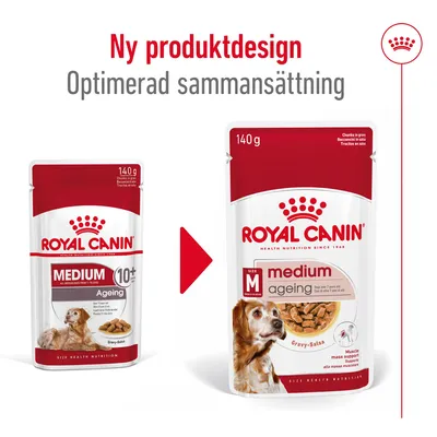 Royal Canin Medium Ageing 10+ våtfoder, gammal och ny förpackning, text: Ny produktdesign, Optimerad sammansättning, 140 g, gravy-salsa, bild på hund och foderbitar.