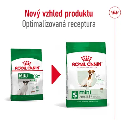 Nový vzhled produktu Royal Canin mini adult 8+. Optimalizovaná receptura. Porovnání starého a nového balení s obrázky psů na obou obalech.