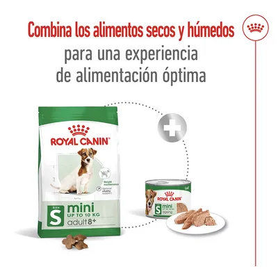 Royal Canin mini adult 8+ seco y húmedo. Texto: Combina los alimentos secos y húmedos para una experiencia de alimentación óptima.
