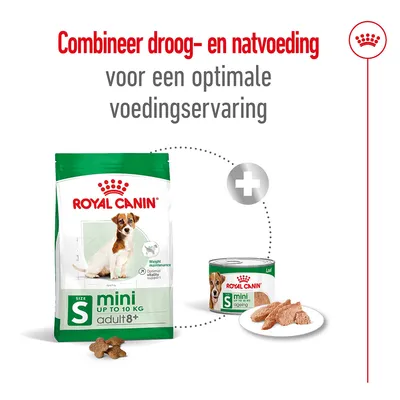Royal Canin mini adult 8+ droogvoer tot 10 kg en natvoer, tekst: Combineer droog- en natvoeding voor een optimale voedingservaring. Beide verpakkingen en voer zichtbaar.