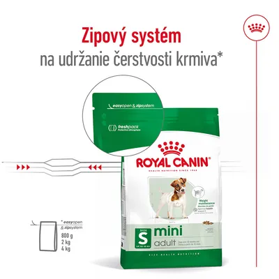 Balenie Royal Canin mini adult s textom: Zipový systém na udržanie čerstvosti krmiva, easyopen & zipsystem, freshpack protective atmosphere. Veľkosti: 800 g, 2 kg, 4 kg.