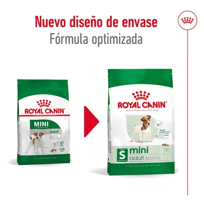 Comparativa de dos envases de Royal Canin Mini Adult para perros pequeños, con texto: Nuevo diseño de envase. Fórmula optimizada.