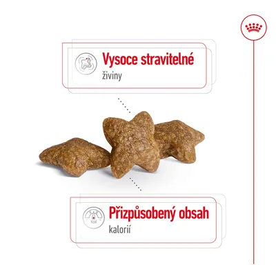 Granule ve tvaru hvězdy, text: Vysoce stravitelné živiny, Přizpůsobený obsah kalorií.
