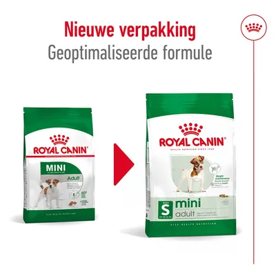 Royal Canin Mini Adult hondenvoer, nieuwe verpakking en geoptimaliseerde formule. Links oude verpakking, rechts nieuwe verpakking met hond en tekst: Weight maintenance, size S, mini adult.