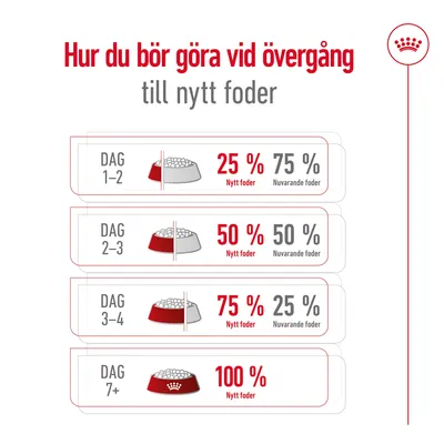 Utfodringsschema vid byte till nytt foder: Dag 1–2 25 % nytt, 75 % nuvarande; Dag 2–3 50/50; Dag 3–4 75 % nytt, 25 % nuvarande; Dag 7+ 100 % nytt foder.