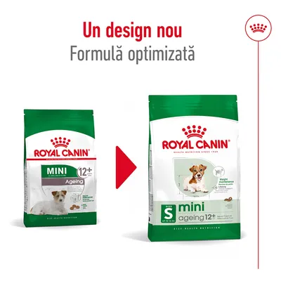 Pungi de hrană uscată Royal Canin Mini Ageing 12+ cu design vechi și nou, text vizibil: „Un design nou. Formulă optimizată”. Ambalajele arată câine mic și informații despre produs.