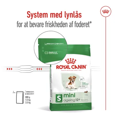 Royal Canin mini ageing 12+ hundefoder med lynlåslukning. Tekst: System med lynlås for at bevare friskheden af foderet. easyopen & zipsystem, freshpack protective atmosphere.