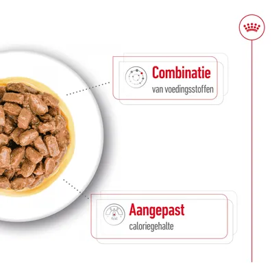 Bord met natvoerbrokjes in saus. Tekst: Combinatie van voedingsstoffen, Aangepast caloriegehalte.