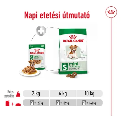 Napi etetési útmutató Royal Canin Mini Ageing 12+ kutyatápra: 2 kg-hoz 1 tasak + 27 g, 6 kg-hoz 1 tasak + 89 g, 10 kg-hoz 1 tasak + 140 g száraz táp.
