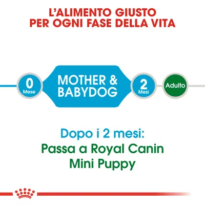 L'alimento giusto per ogni fase della vita. 0 mese: Mother & Babydog. 2 mesi: Passa a Royal Canin Mini Puppy. Dopo i 2 mesi: Passa a Royal Canin Mini Puppy.
