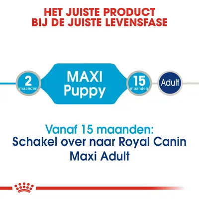 Het juiste product bij de juiste levensfase: MAXI Puppy vanaf 2 maanden, vanaf 15 maanden overschakelen naar Royal Canin Maxi Adult. Adult-fase gemarkeerd.