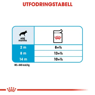 Utfodringstabell för hund: 2 månader 8+½, 8 månader 13+½, 14 månader 10+½. ME = 845 kcal/kg.