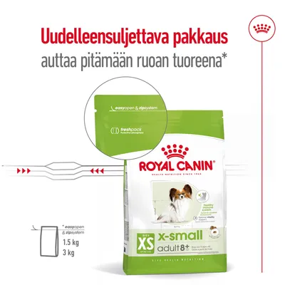 Royal Canin x-small adult 8+ -koiranruokapakkaus, uudelleensuljettava easyopen & zipsystem, freshpack. Koot: 1,5 kg ja 3 kg. Teksti: Uudelleensuljettava pakkaus auttaa pitämään ruoan tuoreena.