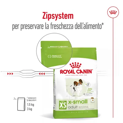 Royal Canin x-small adult, confezione con sistema easyopen & zipsystem per preservare la freschezza. Taglie disponibili: 1,5 kg e 3 kg. Testo visibile: freshpack protective atmosphere.