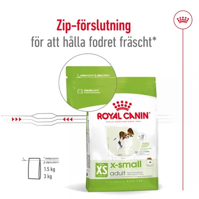 Royal Canin x-small adult hundfoder med zip-förslutning. Text: Zip-förslutning för att hålla fodret fräscht, easyopen & zipsystem, freshpack. Storlekar: 1,5 kg och 3 kg.