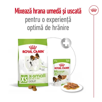 Royal Canin x-small adult până la 4 kg, hrană uscată și umedă pentru câini, pachet 85 g. Text: Mixează hrana umedă și uscată pentru o experiență optimă de hrănire.