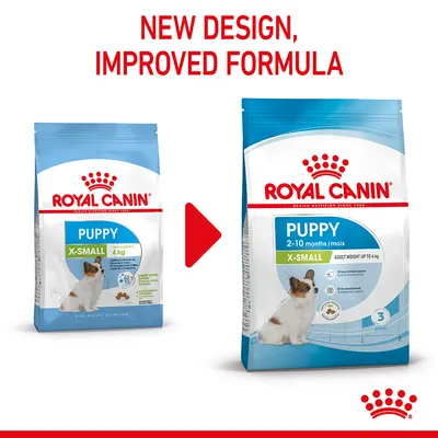 Royal Canin Puppy X-Small packaging change: old bag on left, new bag on right with '2–10 months', 'adult weight up to 4 kg'. Red text above reads 'New design, improved formula'.