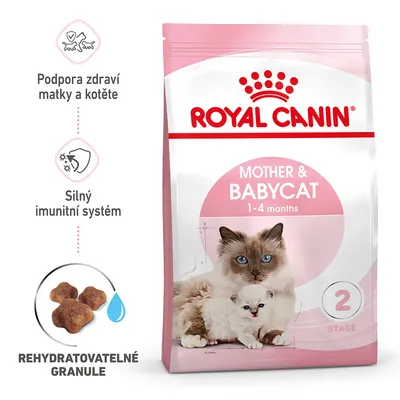 Royal Canin Mother & Babycat 1–4 months, podpora zdraví matky a kotěte, silný imunitní systém, rehydratovatelné granule, balení s obrázkem kočky a kotěte, Stage 2