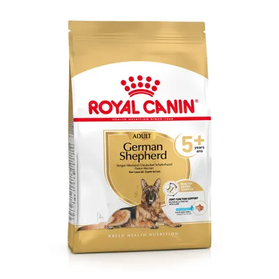 Pachet hrană uscată ROYAL CANIN ADULT German Shepherd 5+ ani, imagine cu câine ciobănesc german, text vizibil: Healthy Ageing Complex, Joint Function Support.